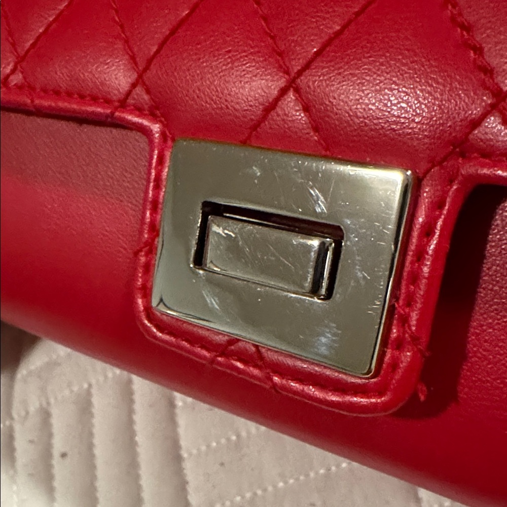 Quilted Red Leather Top-Handle Clutch with Silver Hardware - Picture 6 of 9